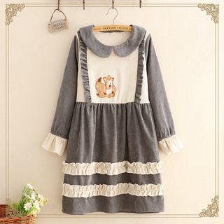 Ruffle-detail Squirrel Embroidered Corduroy A-line Dress