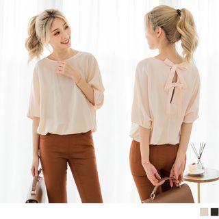Short-sleeve Lace-up Back Plain Top