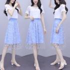 Set: Short-sleeve Tie-neck Blouse + Embroidered Mesh Midi A-line Skirt