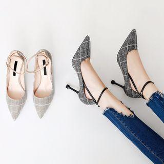 Plaid Ankle-strap Pointy-toe Pumps
