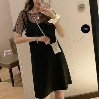 Set: Short-sleeve Dotted Mesh T-shirt + Spaghetti Strap Shift Dress