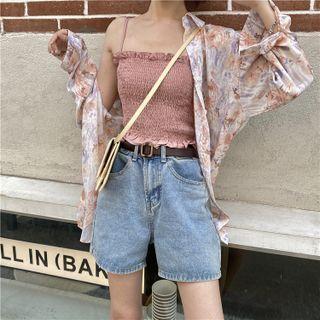 Long-sleeve Floral Shirt / Plain Ruffle Trim Cropped Camisole Top