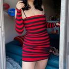 Set: Cold-shoulder Striped Bodycon Dress + Arm Sleeves