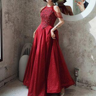 Halter-neck Rhinestone Embroidered A-line Evening Gown