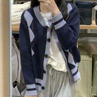 Round Neck Argyle Cardigan Blue - One Size
