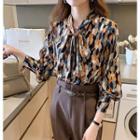 Long-sleeve Tie-neck Print Blouse