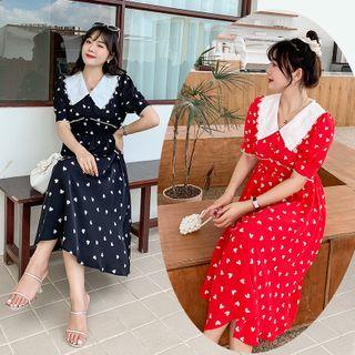 Short-sleeve Wide Collar Heart Print Midi A-line Dress