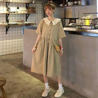 Short-sleeve Collared Midi Dress Khaki - One Size