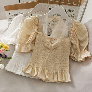 Off-shoulder Ruffled-trim Smocked Crop Top In 5 Colors