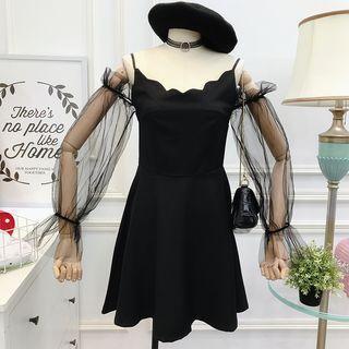Off-shoulder Mesh-sleeved A-line Dress