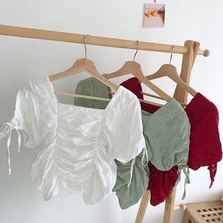 Plain Frilled Puff-sleeve Lace-up Short-sleeve Top