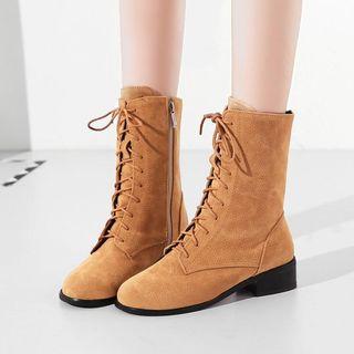 Faux Suede Lace Up Block Heel Mid-calf Boots