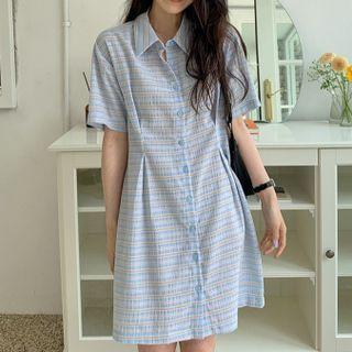 Short Sleeve Striped Shirt Dress Sky Blue - One Size