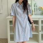 Short Sleeve Striped Shirt Dress Sky Blue - One Size