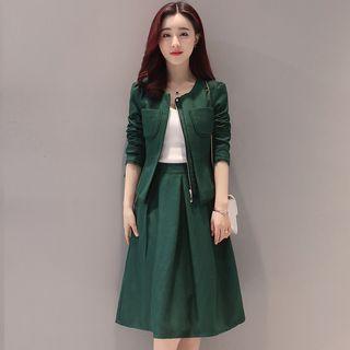 Set: Plain Zip Jacket + Midi A-line Skirt