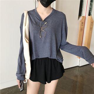 Plain Loose-fit Long-sleeve T-shirt / High-waist Wide-leg Shorts