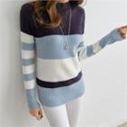 Crew-neck Color-block Slim-fit Sweater