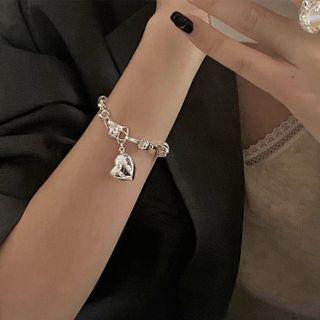 Heart Charm Chunky Chain Bracelet 1pc - Silver - One Size