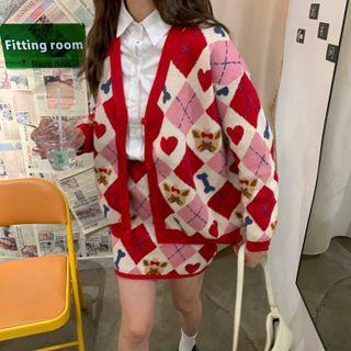 Long-sleeve Plaid Printed Knit Cardigan / Mini Skirt