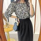Elbow-sleeve Leopard Print Top Ivory - One Size