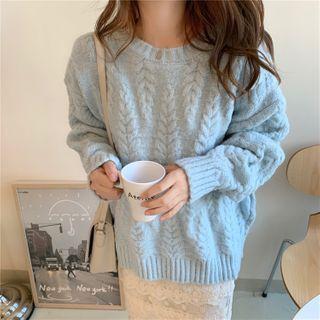 Long-sleeve Plain Knit Sweater / Lace Midi Skirt