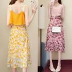 Set: Sleeveless Top + Floral A-line Midi Skirt
