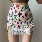 Butterfly Printed Lace Trim Slit Mini Skirt