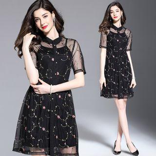 Elbow-sleeve Off-shoulder Lace Midi Dress