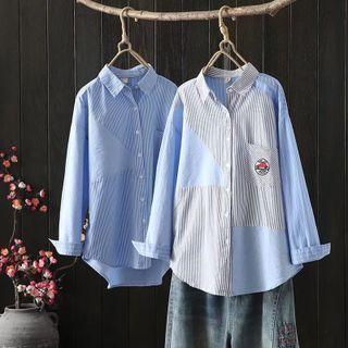 Long-sleeve Polo-neck Striped Panel Shirt