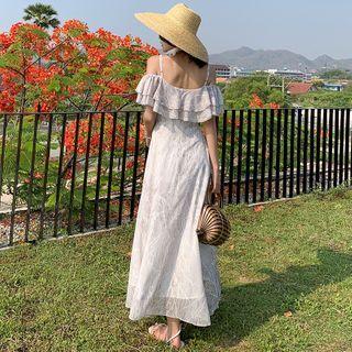 Off-shoulder Ruffled Lace A-line Maxi Dress