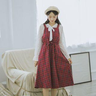 Lace Long-sleeve Top / Plaid A-line Pinafore Dress