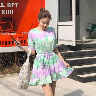 Round-neck Gradient A-line Minidress With Sash