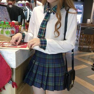 Set: Tie Neck Blouse + Plaid Pleated Skirt