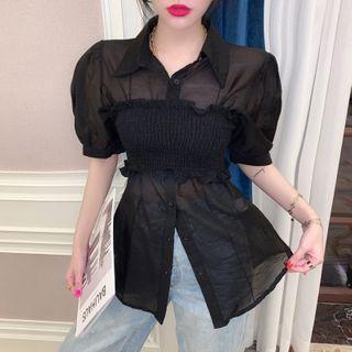 Puff-sleeve Mesh Shirt / Ruched Strapless Cropped Top