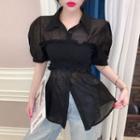 Puff-sleeve Mesh Shirt / Ruched Strapless Cropped Top