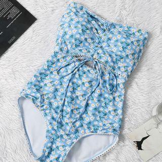 Strapless Floral Print Drawstring Cutout Swimsuit