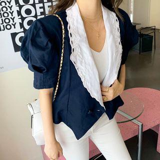 Lace-collar Puff-sleeve Peplum Blazer