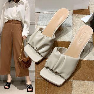 Square-toe Shirred Chunky Heel Slide Sandals