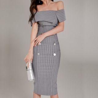 Off-shoulder Striped Double-breasted Maxi Dress
