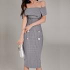Off-shoulder Striped Double-breasted Maxi Dress