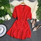 Dotted Short-sleeve A-line Dress Red - One Size