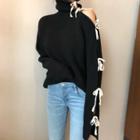 Bow Accent Turtleneck Cutout Sweater Black - One Size