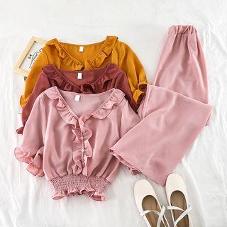 Set: Short-sleeve Frill Trim Chiffon Top + Wide-leg Pants