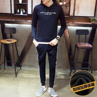 Set: Stripe-detail Fleece-lining Pullover + Sweatpants