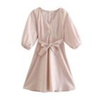 Puff Sleeve V-neck Tie-waist Plain A-line Dress