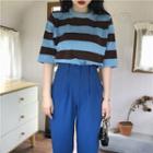 Striped Short-sleeve Knit Top / High-waist Dress Pants