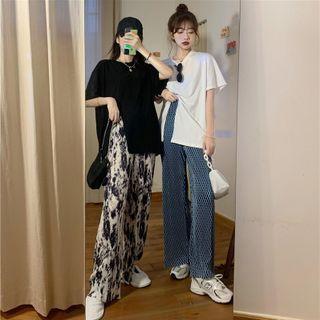 Short-sleeve Slit-hem T-shirt / Print Wide Leg Pants