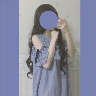 Pinstriped Cut Out Shoulder Short Sleeve Dress