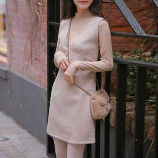 Set: Long-sleeve Mock-neck Top + Sleeveless Mini Dress