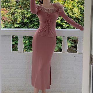 Long-sleeve Cold Shoulder Fluffy Trim Midi Bodycon Dress